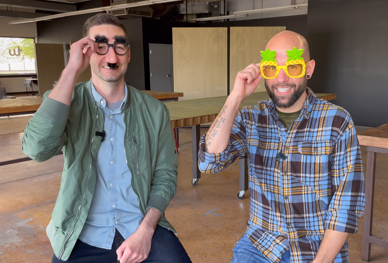 Josh and Matt in novelty glasses